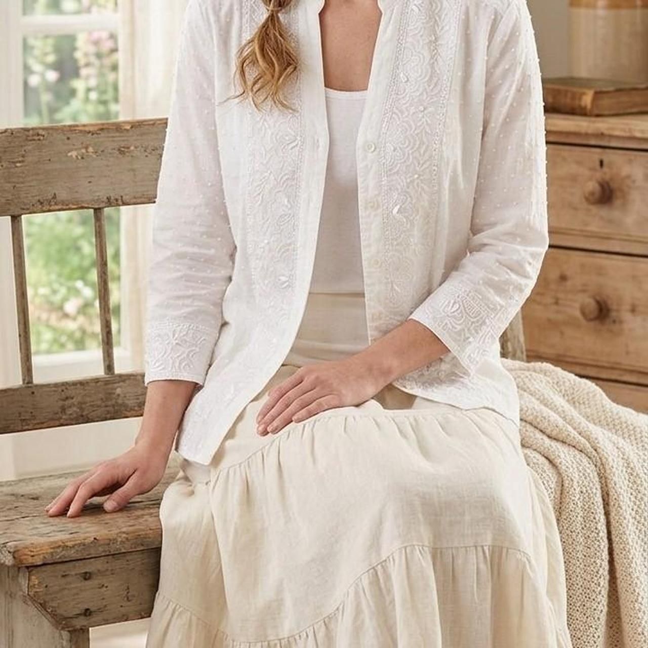 Vintage White Embroidered Swiss Dot Blouse Petite Large Cottagecore Romantic